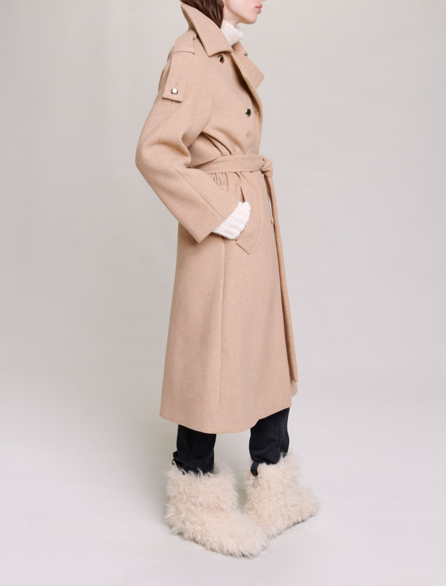 Manteau long en laine m&eacute;lang&eacute;e
