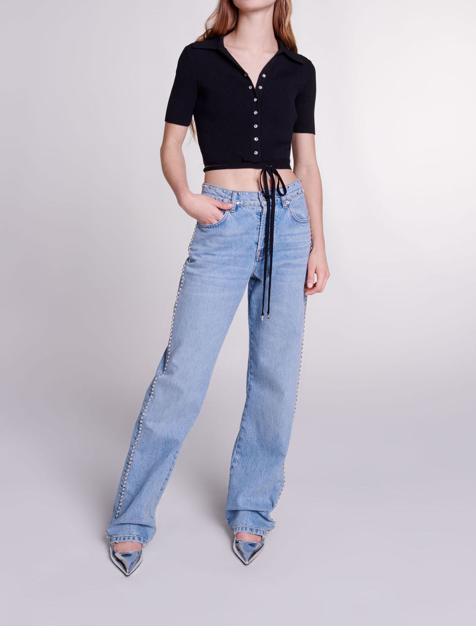 Wide-leg studded jeans