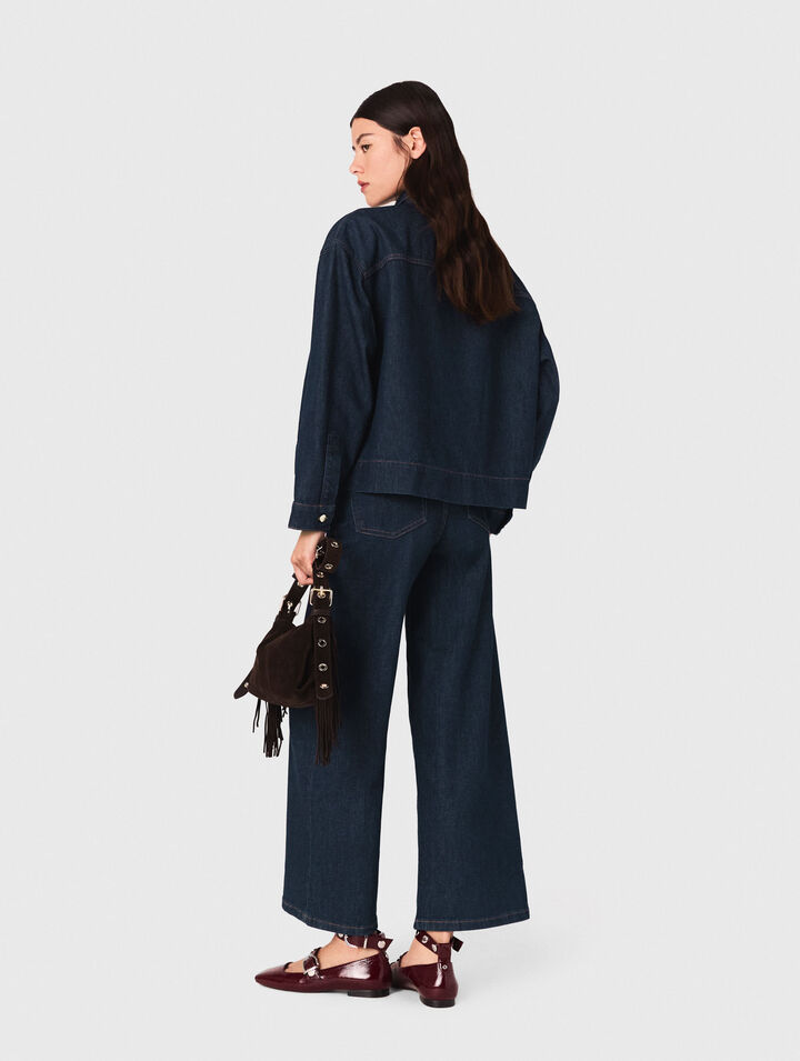 Denim shirt with pussy bow
