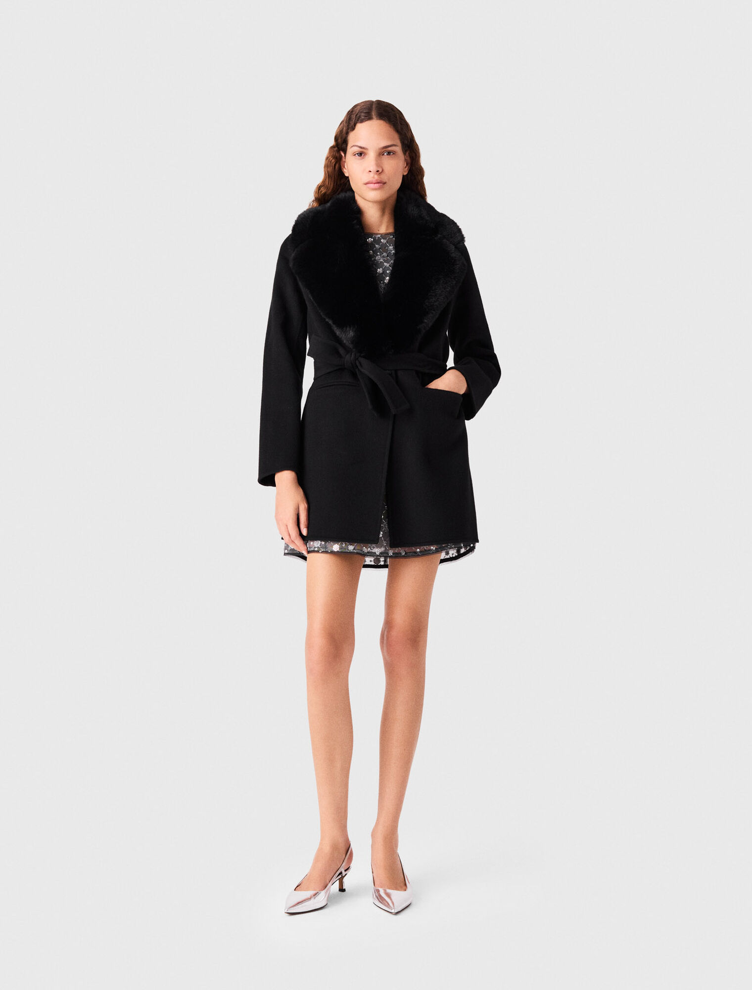 Long coat with faux fur collar