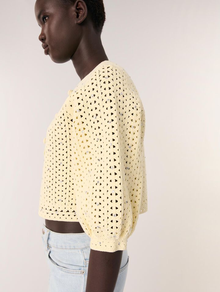 Cardigan court en crochet strassé