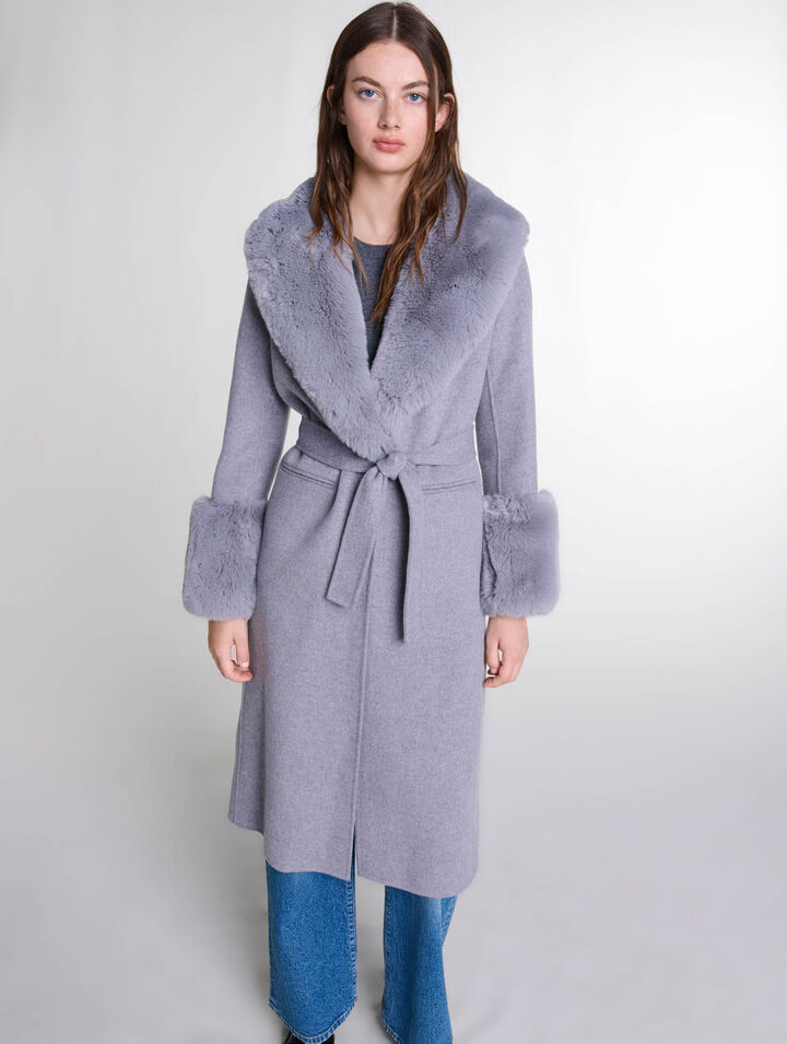 Manteau long col fausse fourrure