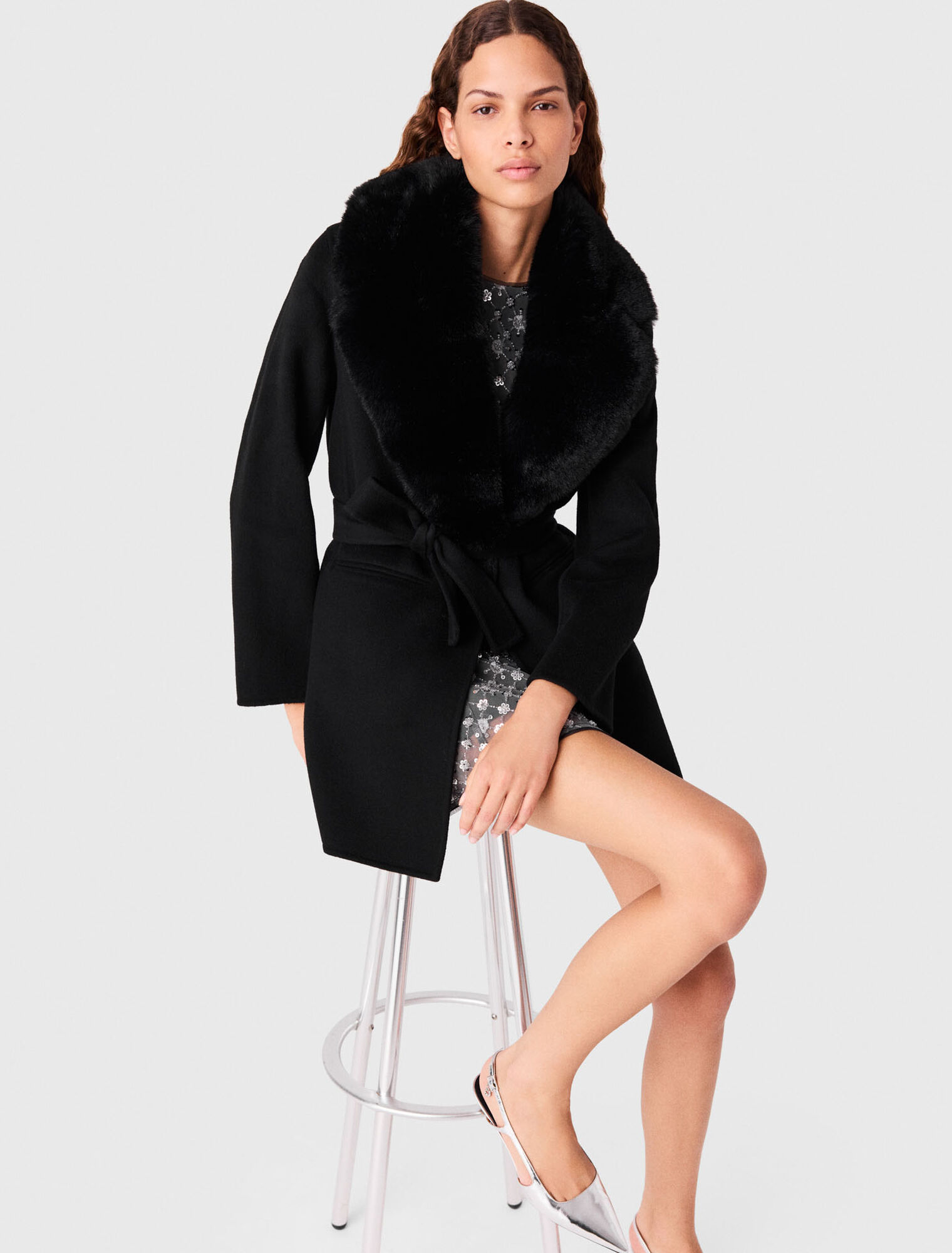 Long coat with faux fur collar