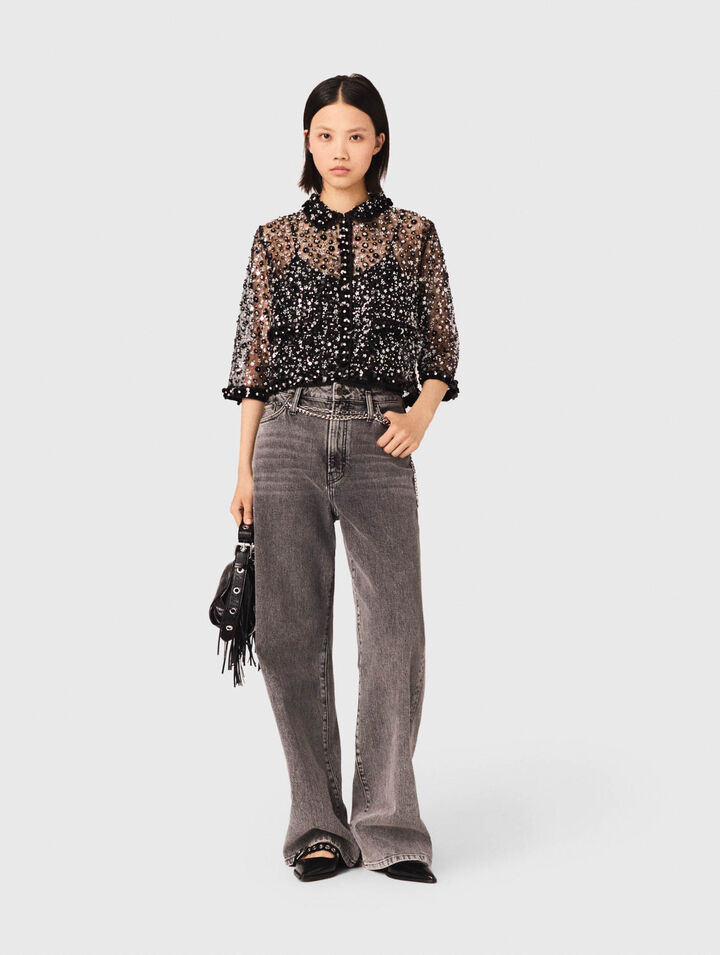 Floral rhinestone polo