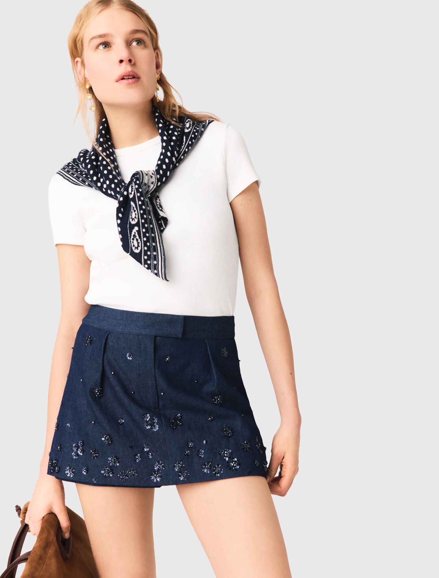 Short trompe l'&oelig;il en denim brod&eacute;