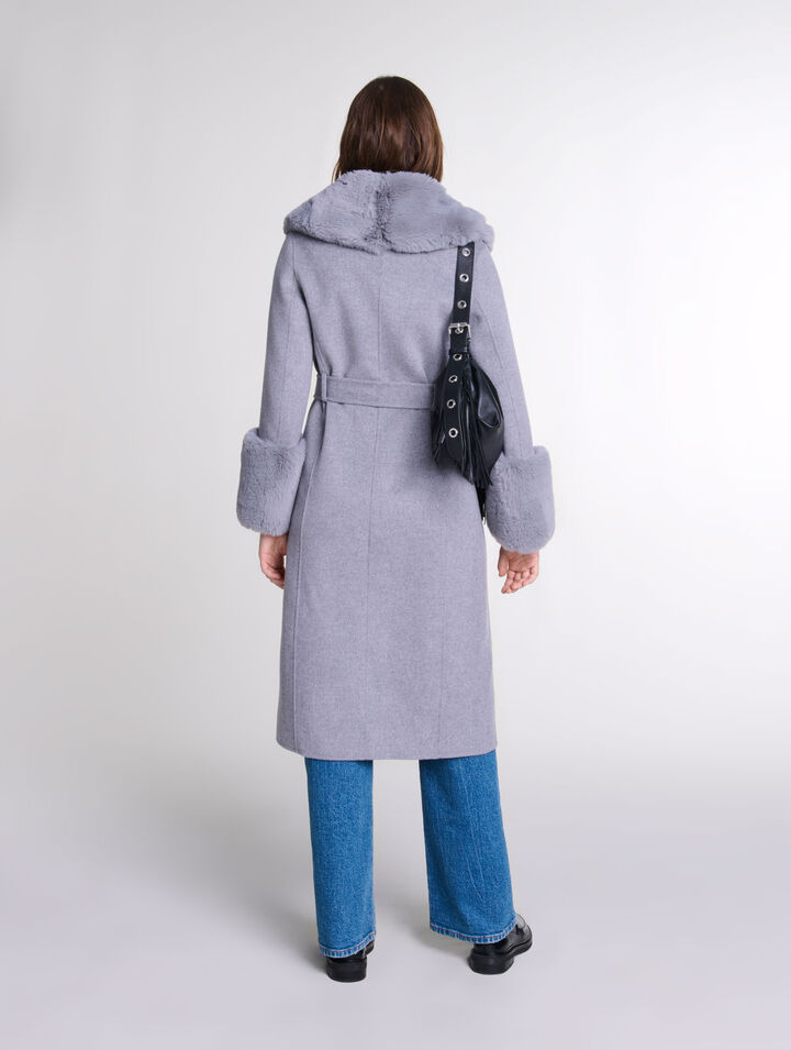Manteau long col fausse fourrure