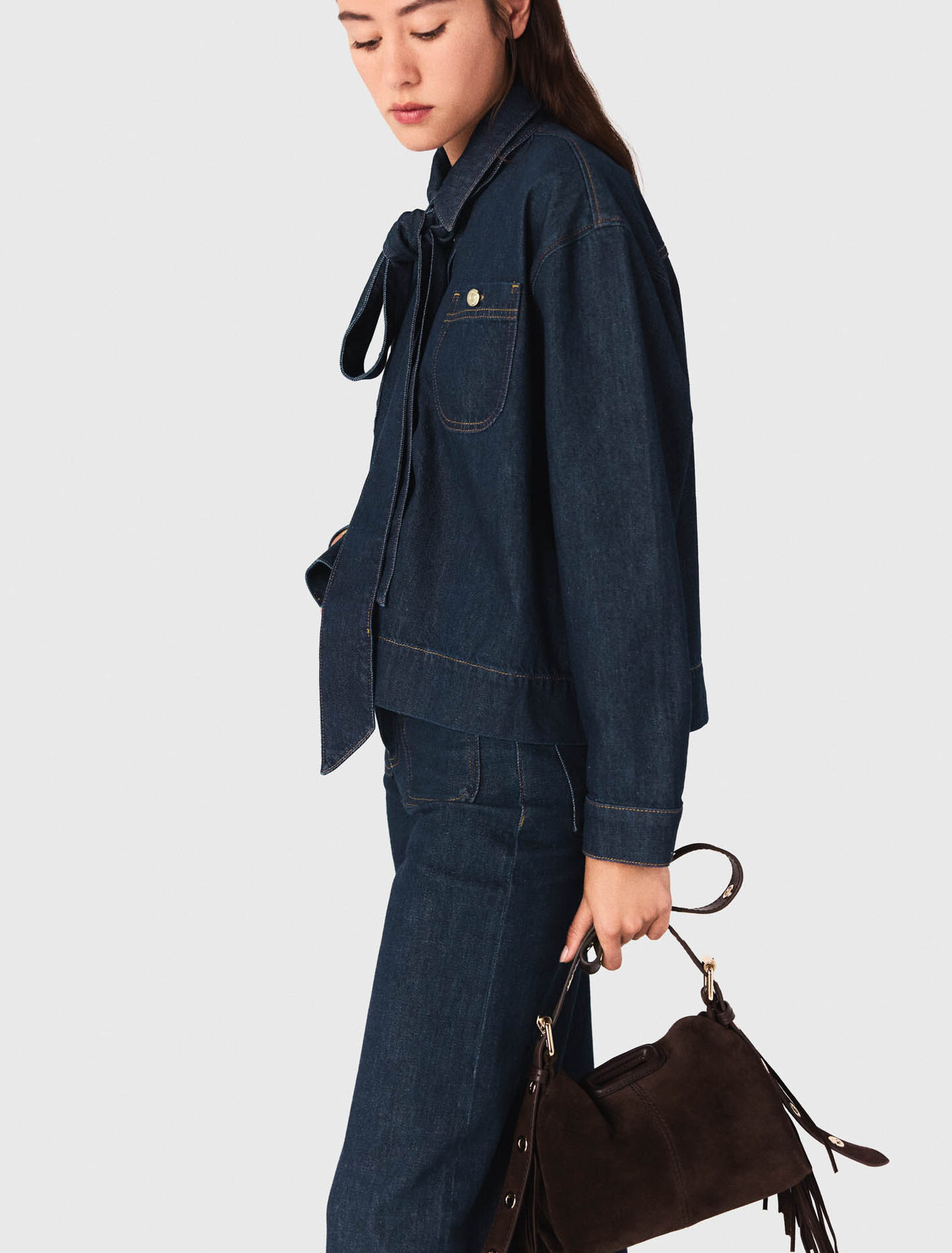 Denim shirt with pussy bow