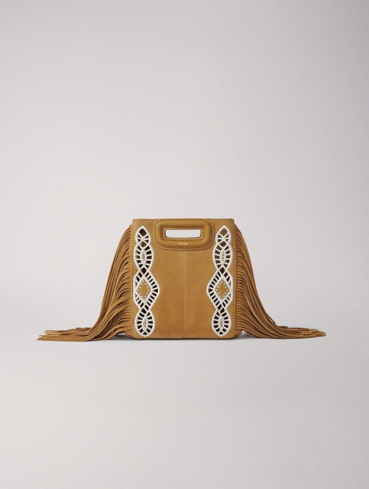 Embroidered suede fringed M mini bag