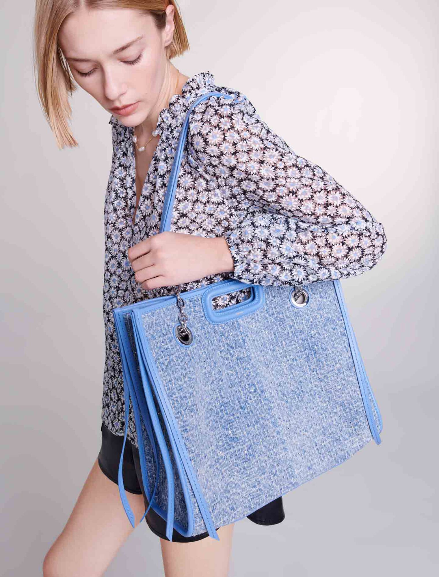 Denim and rhinestone tote bag