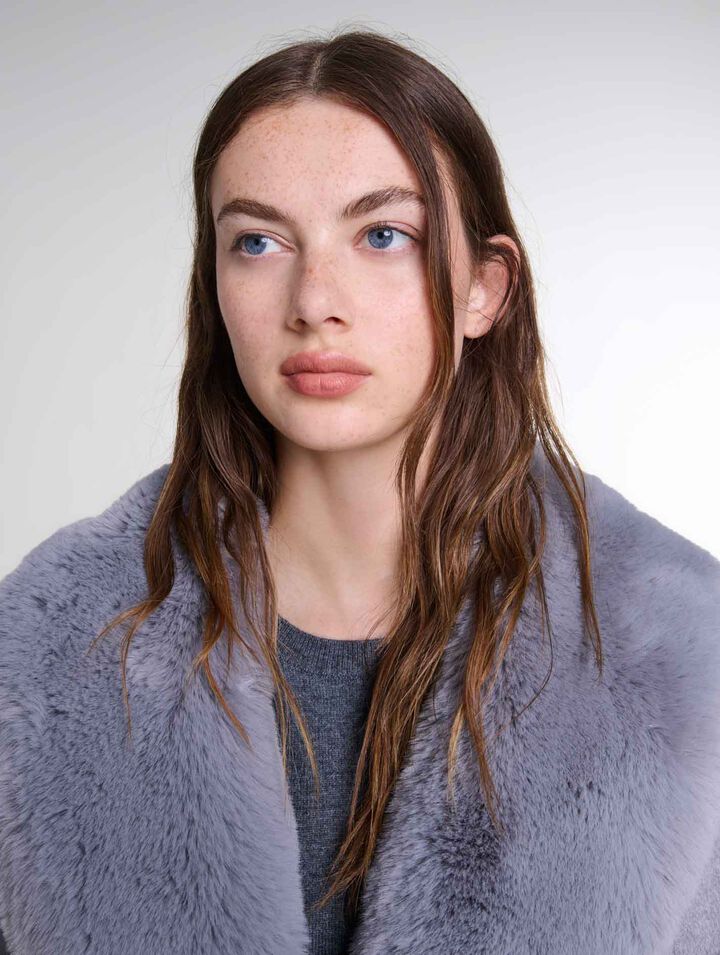 Manteau long col fausse fourrure