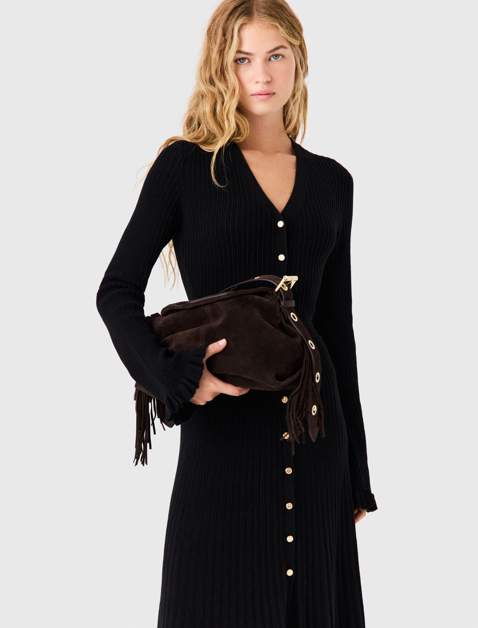 Robe longue en maille &agrave; volants