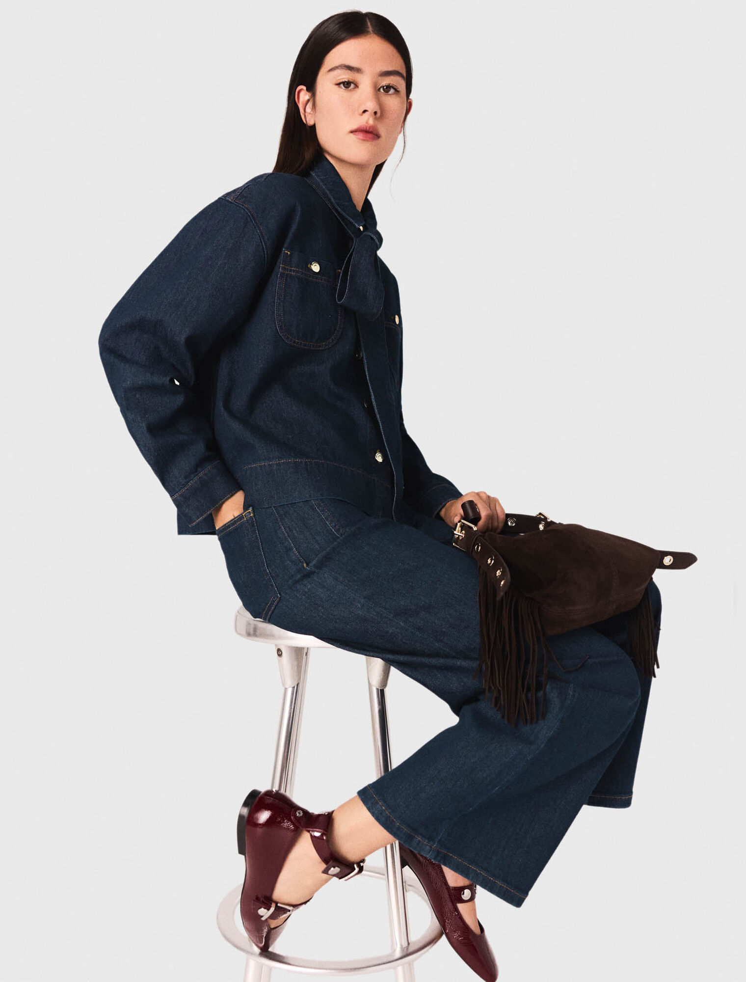 Denim shirt with pussy bow