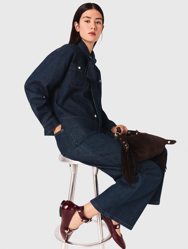 Denim shirt with pussy bow