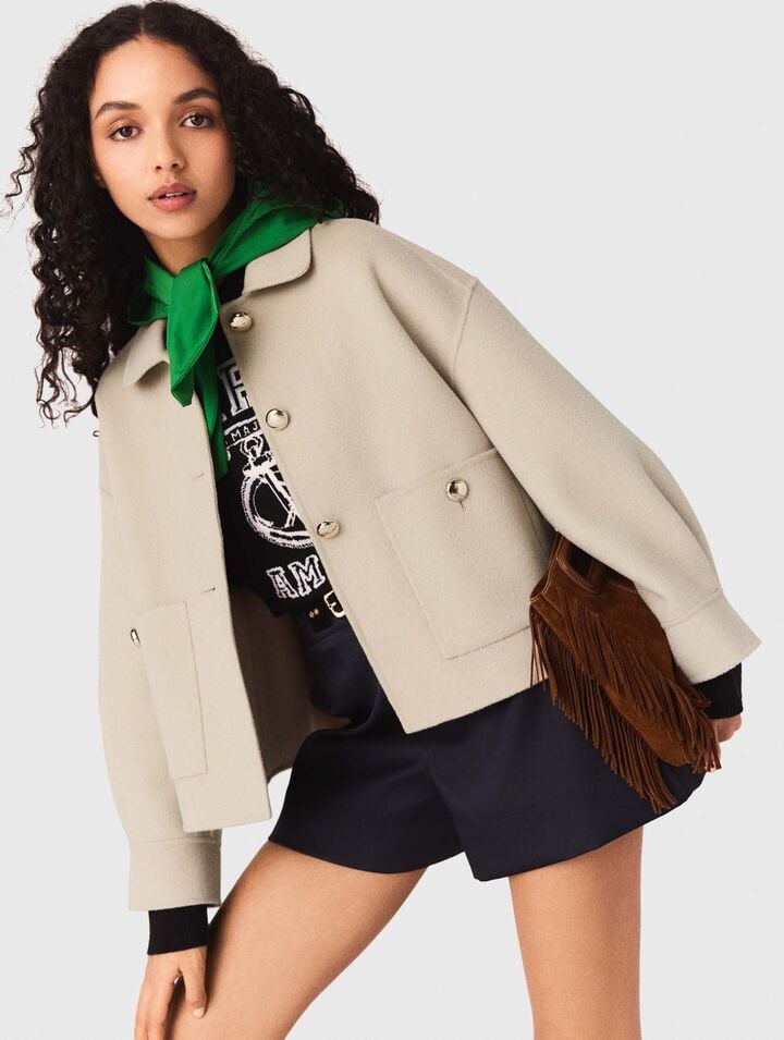 Veste courte en laine et dos pliss&eacute;