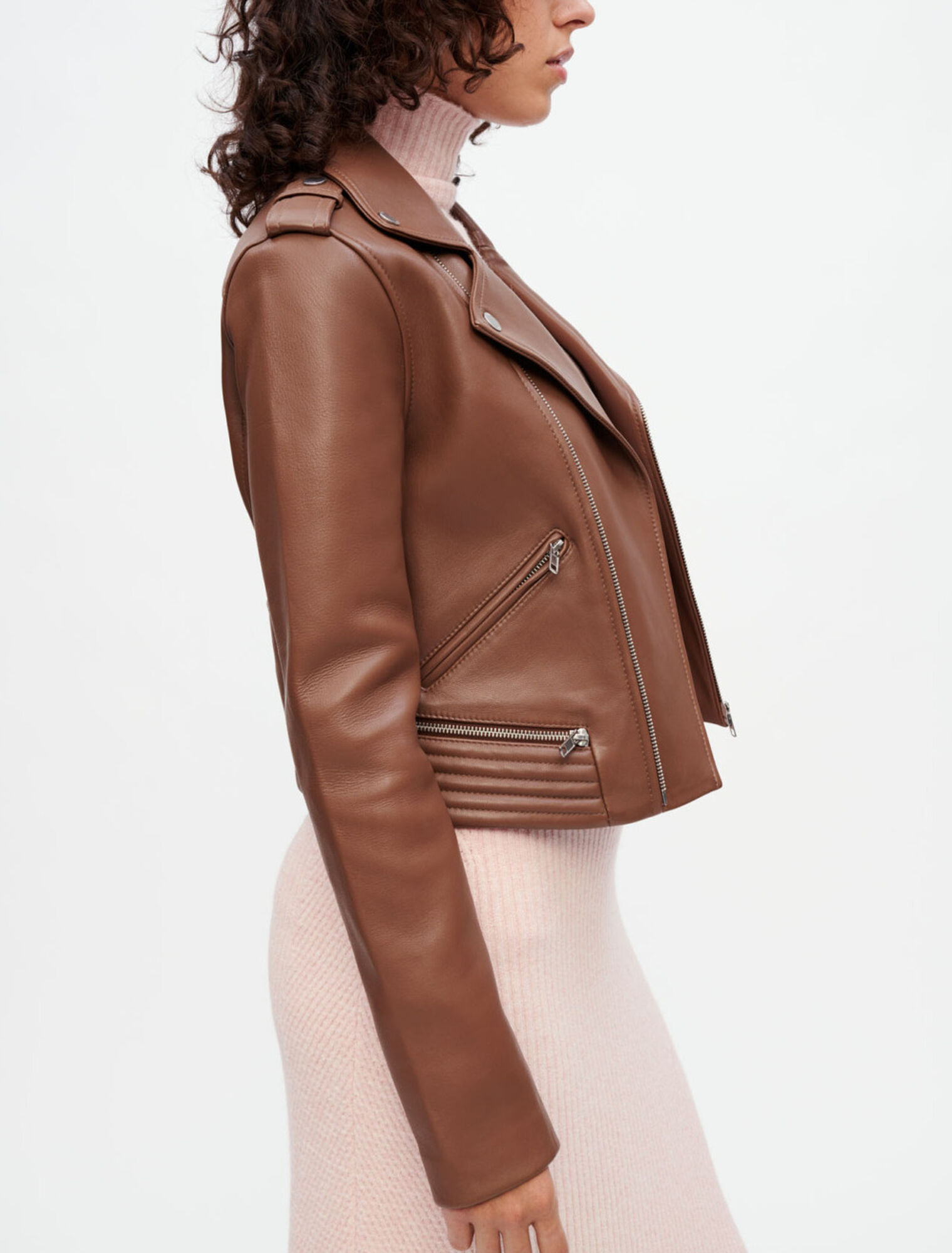 Blouson façon Biker en cuir camel