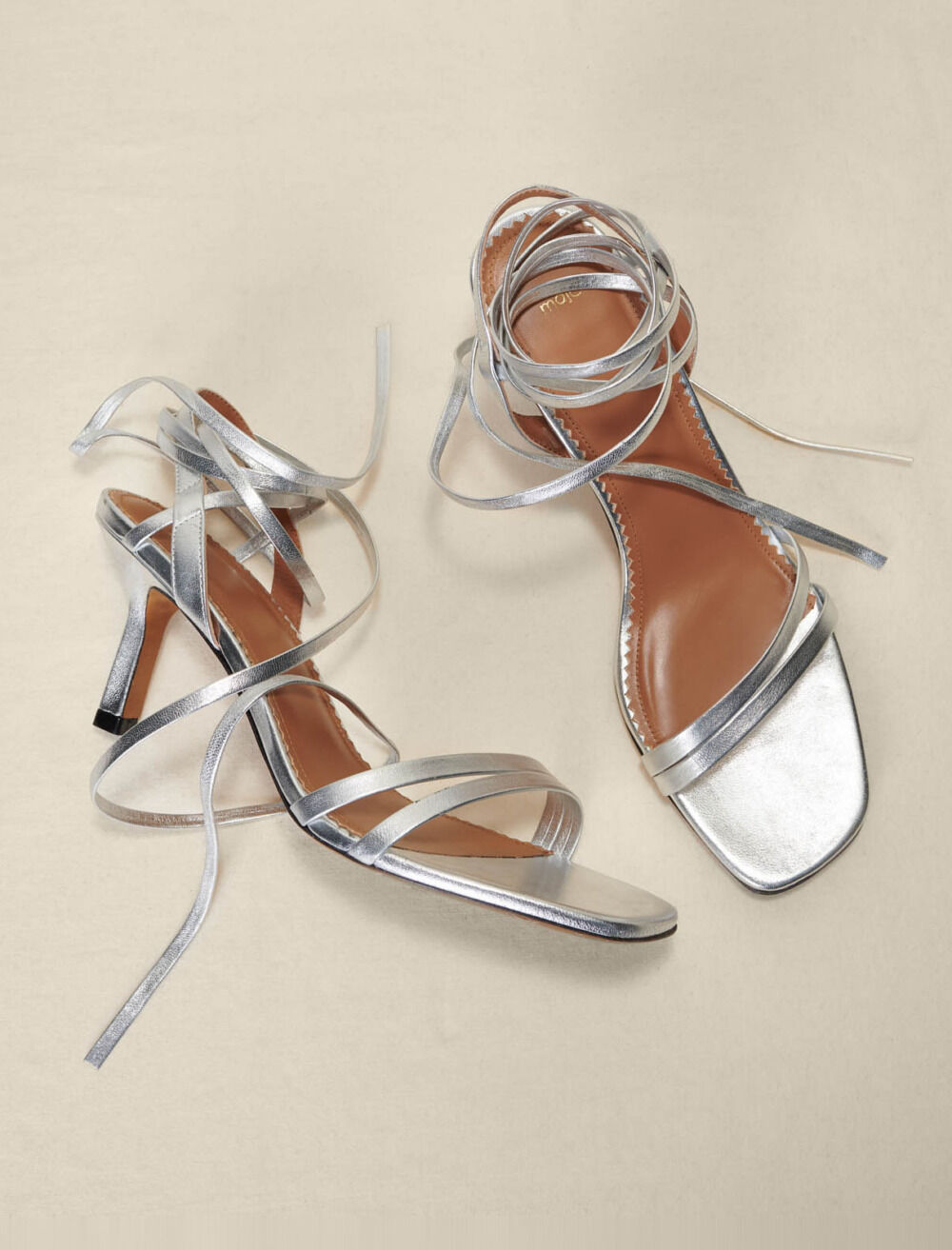 Silver leather lace up sandals