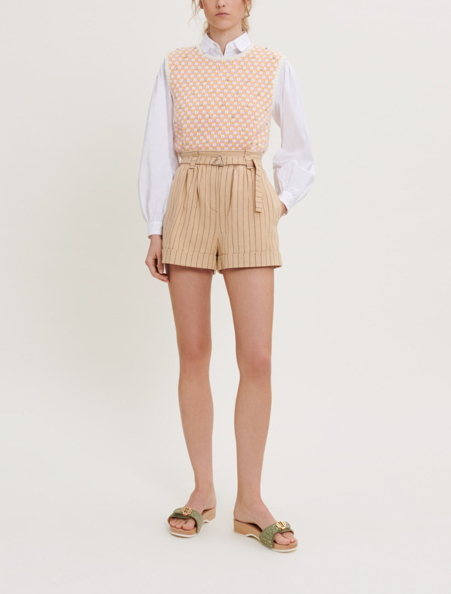 Belted striped shorts