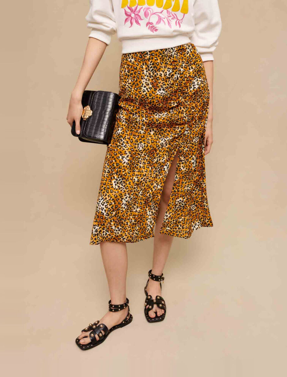 Jupe midi imprime leopard Jupes Shorts Maje