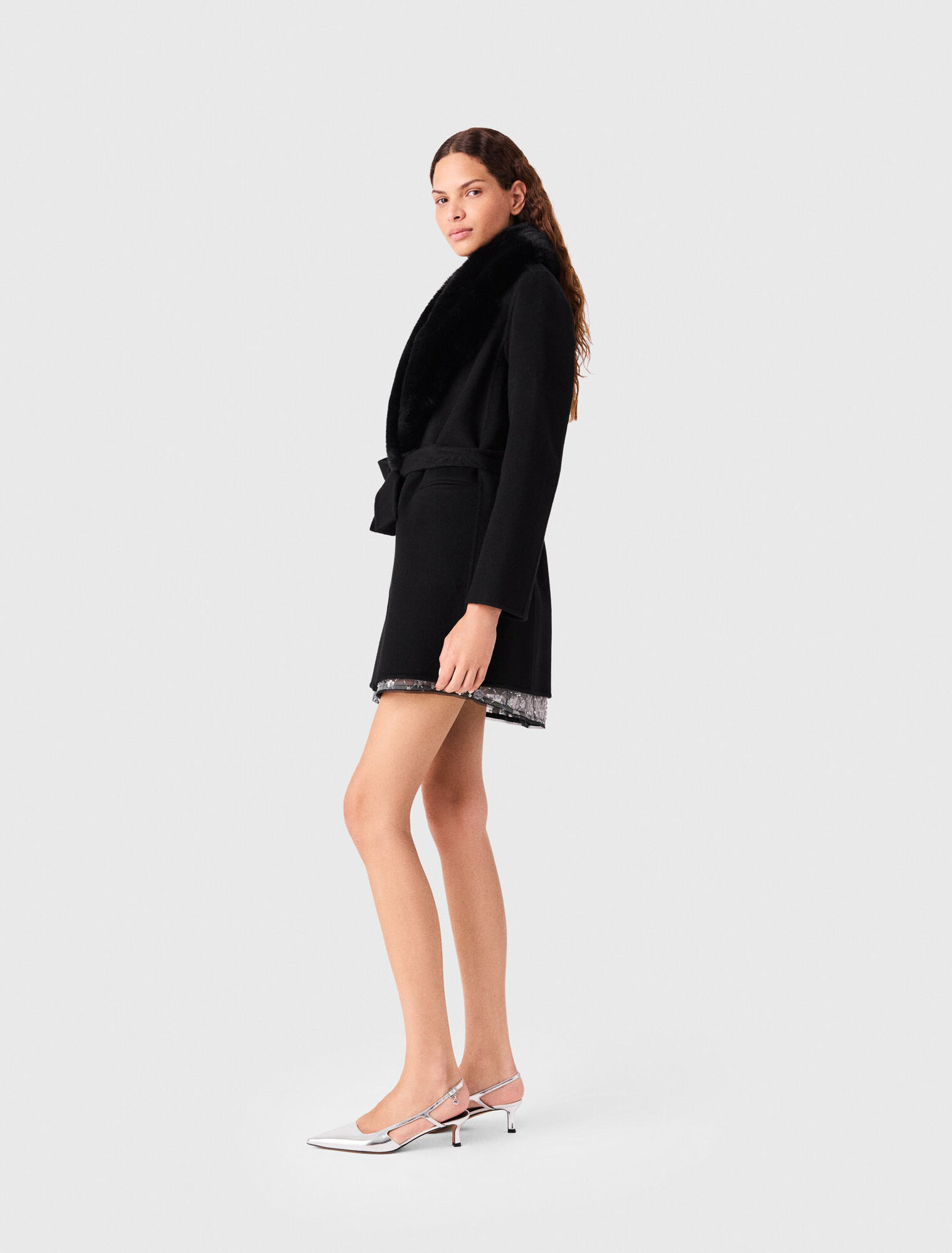 Long coat with faux fur collar
