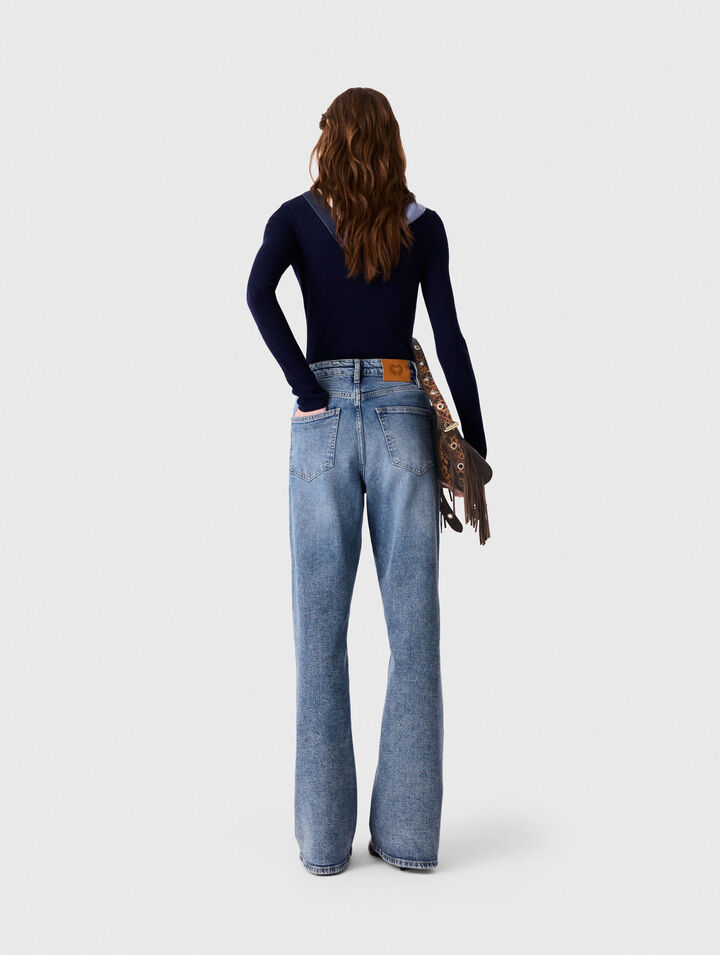 Wide-leg leather buckle jeans