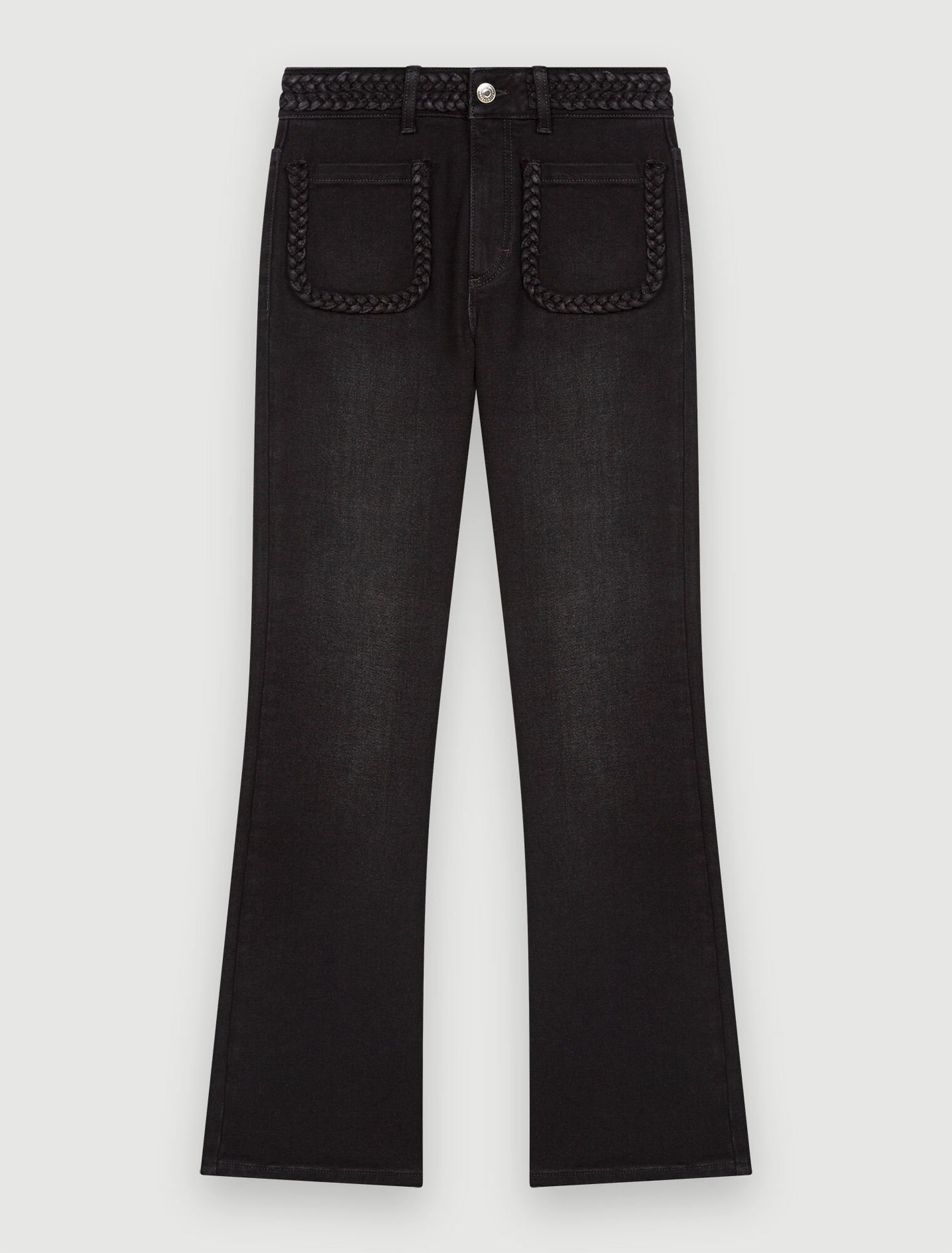 Black jeans, braided finishes on pockets