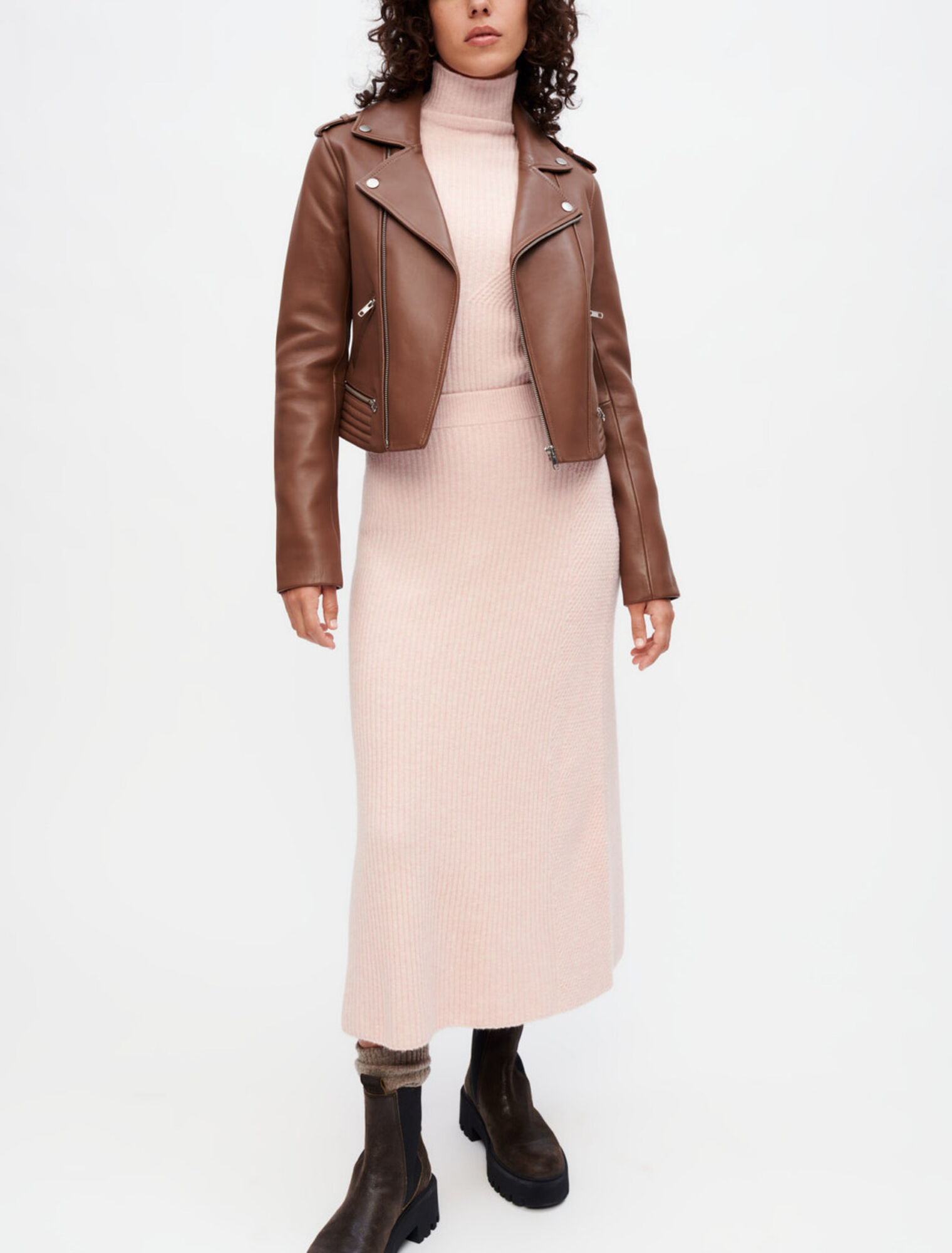 Blouson façon Biker en cuir camel