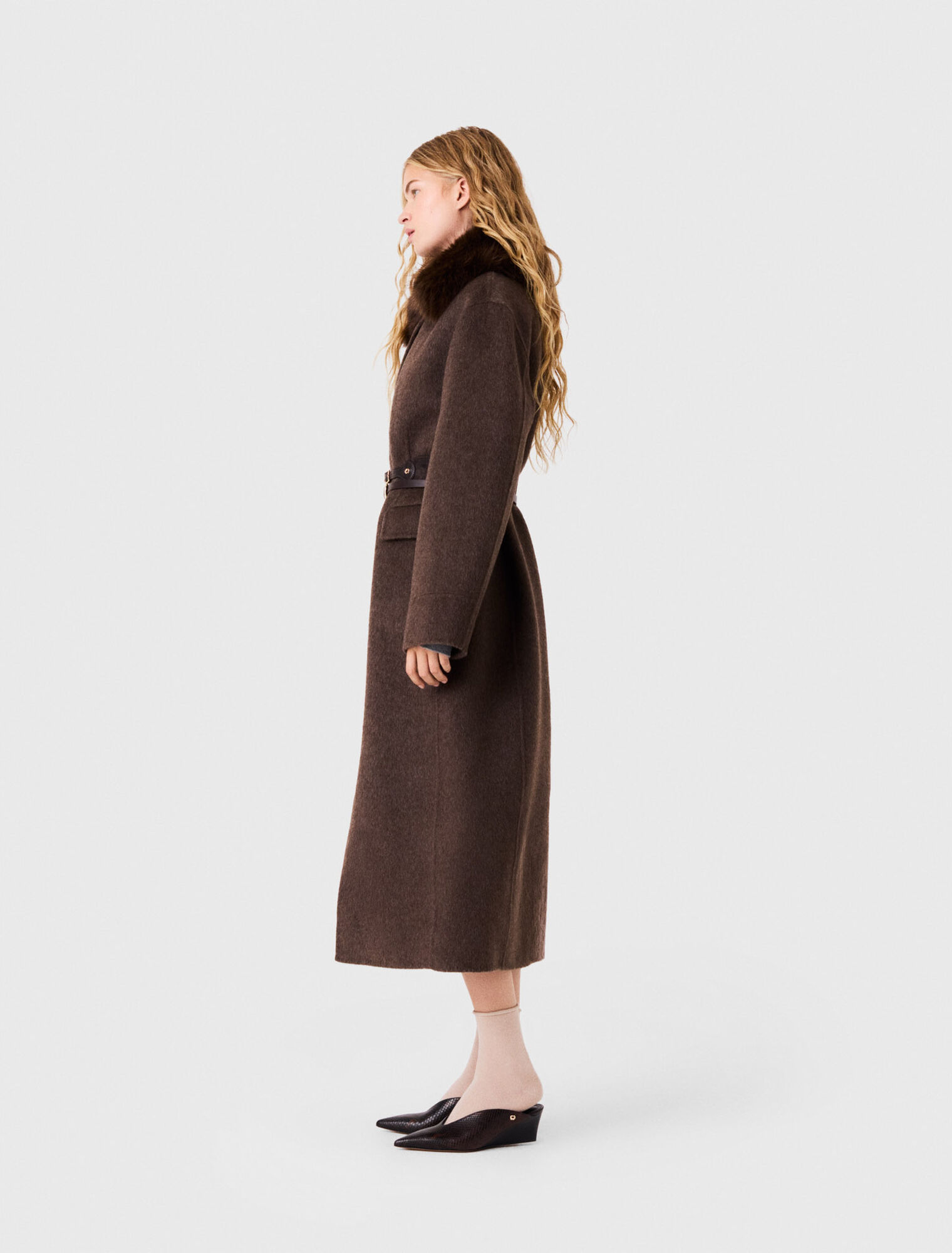 Long coat with faux fur collar