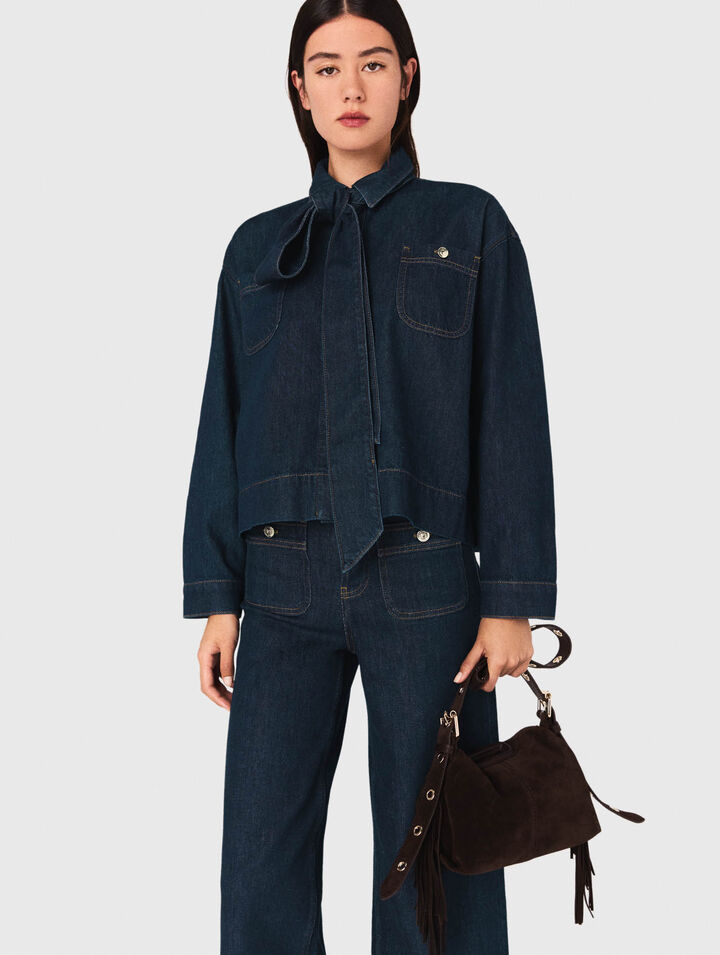 Denim shirt with pussy bow
