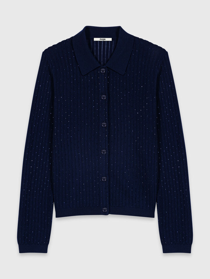 Cardigan &agrave; col polo strass&eacute;
