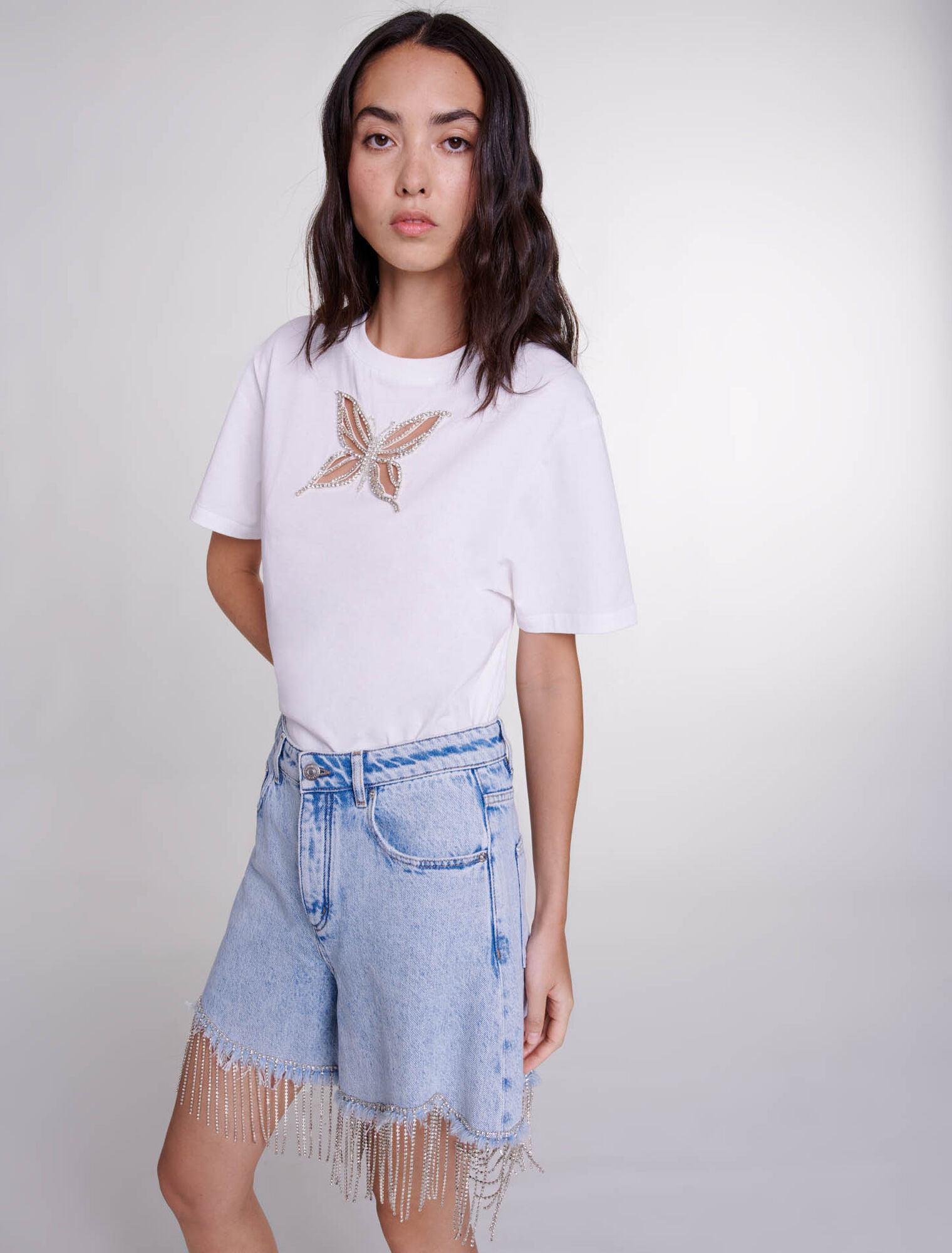 Short en denim à strass