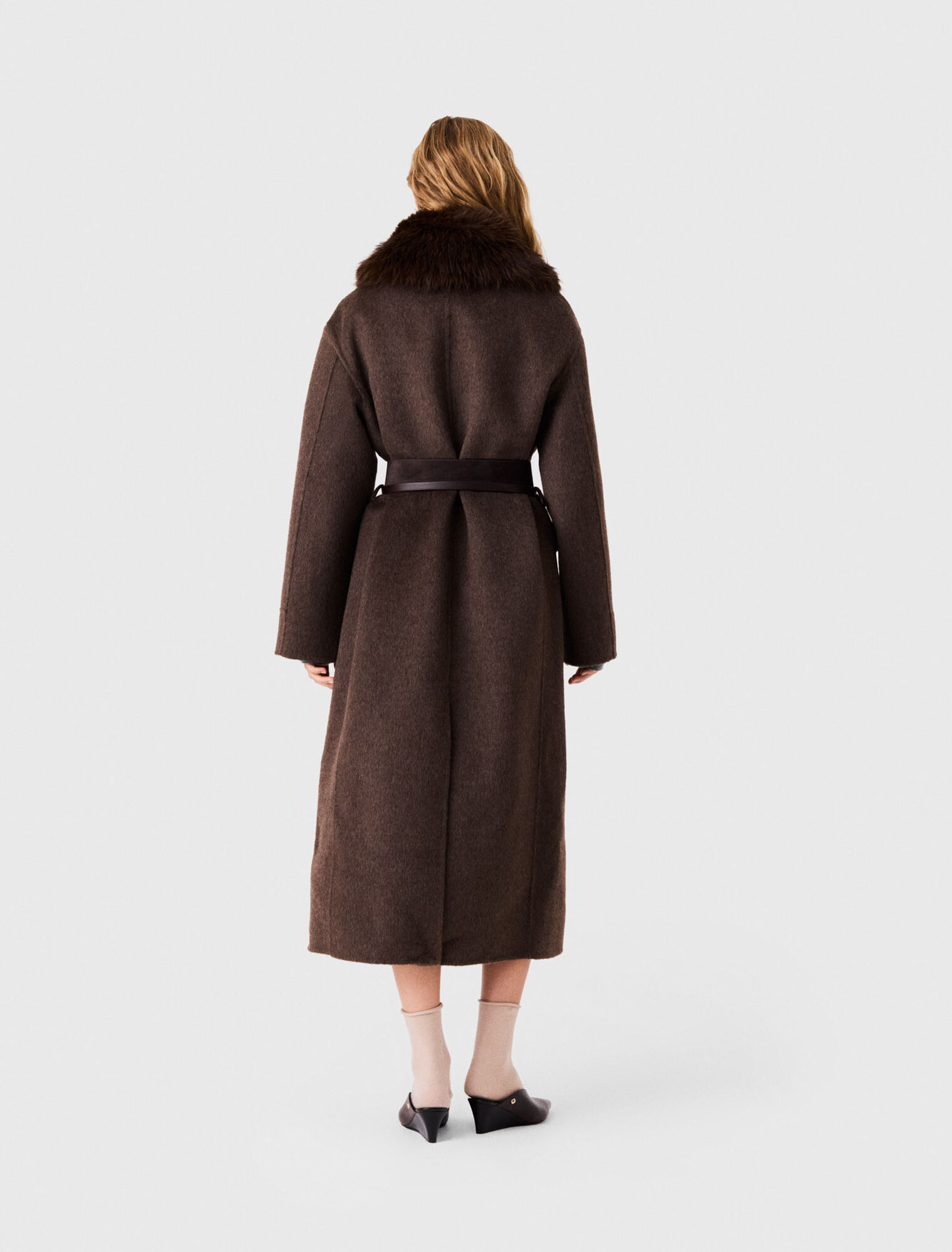 Long coat with faux fur collar