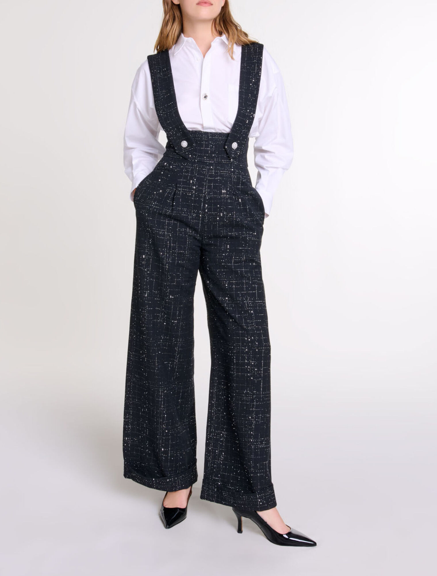 Wide-leg trousers with tweed braces