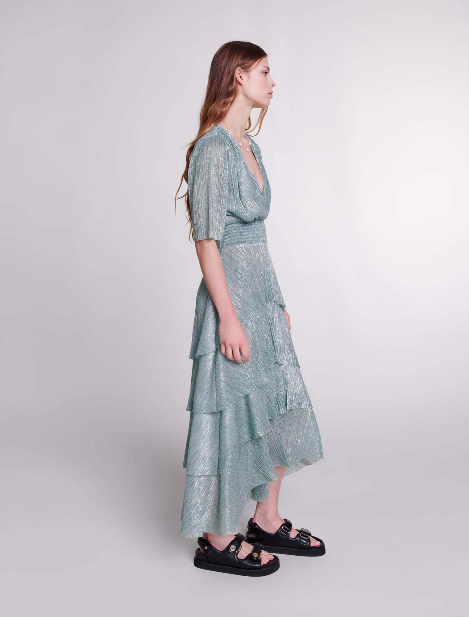 Robe à volants en lurex stretch