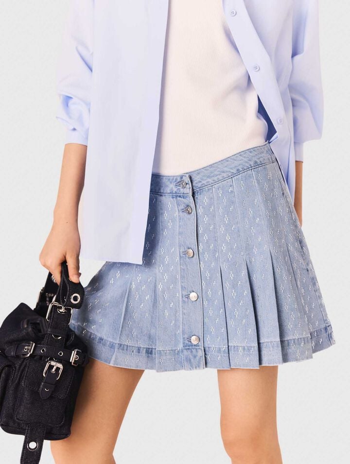 Rhinestone pleated denim skirt