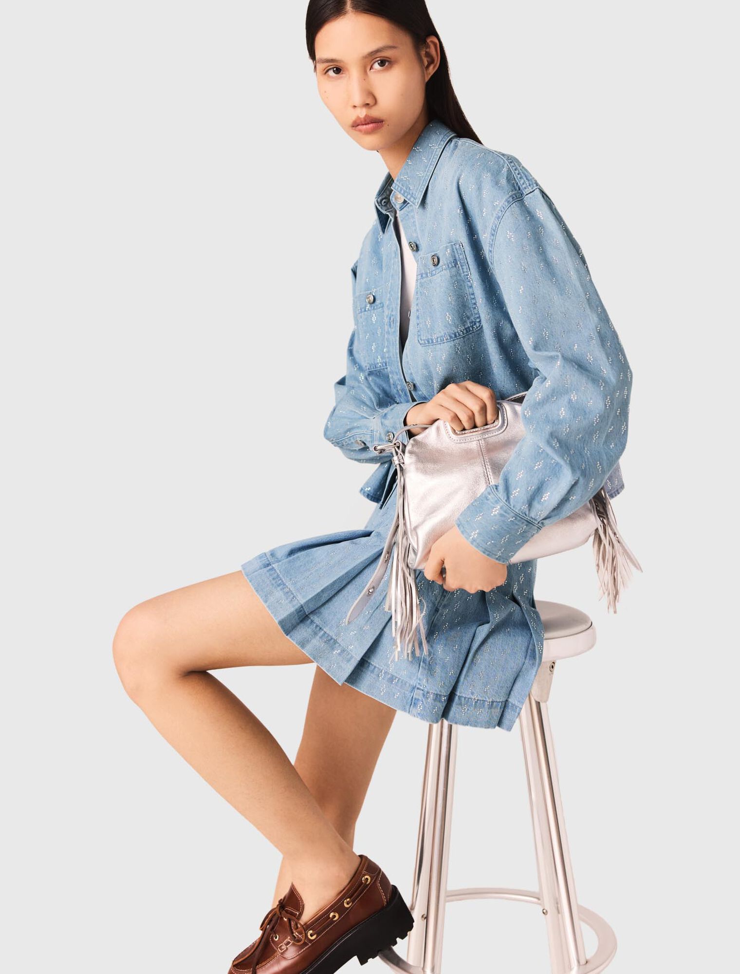 Chemise courte en jean strassée