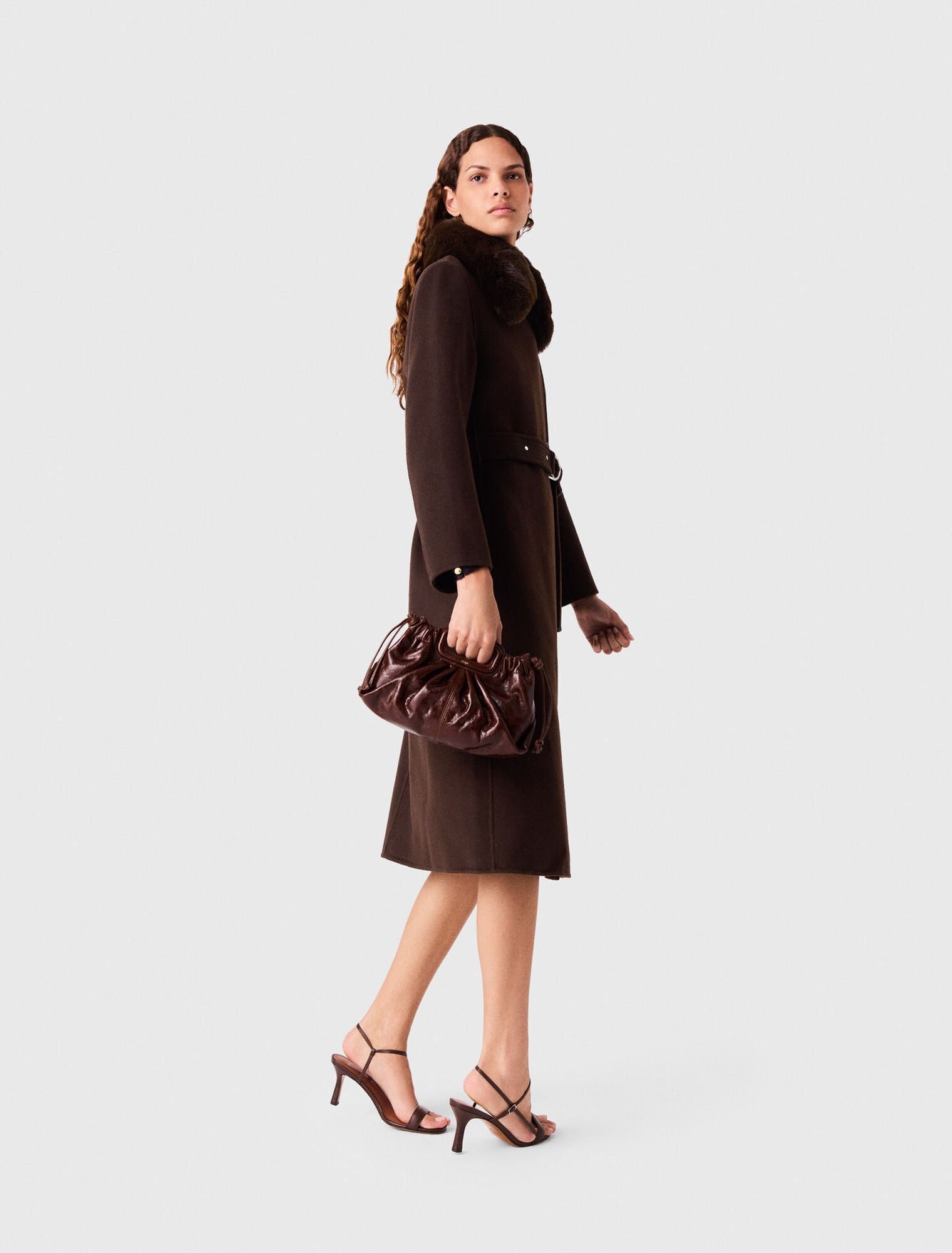 Long coat with faux fur collar