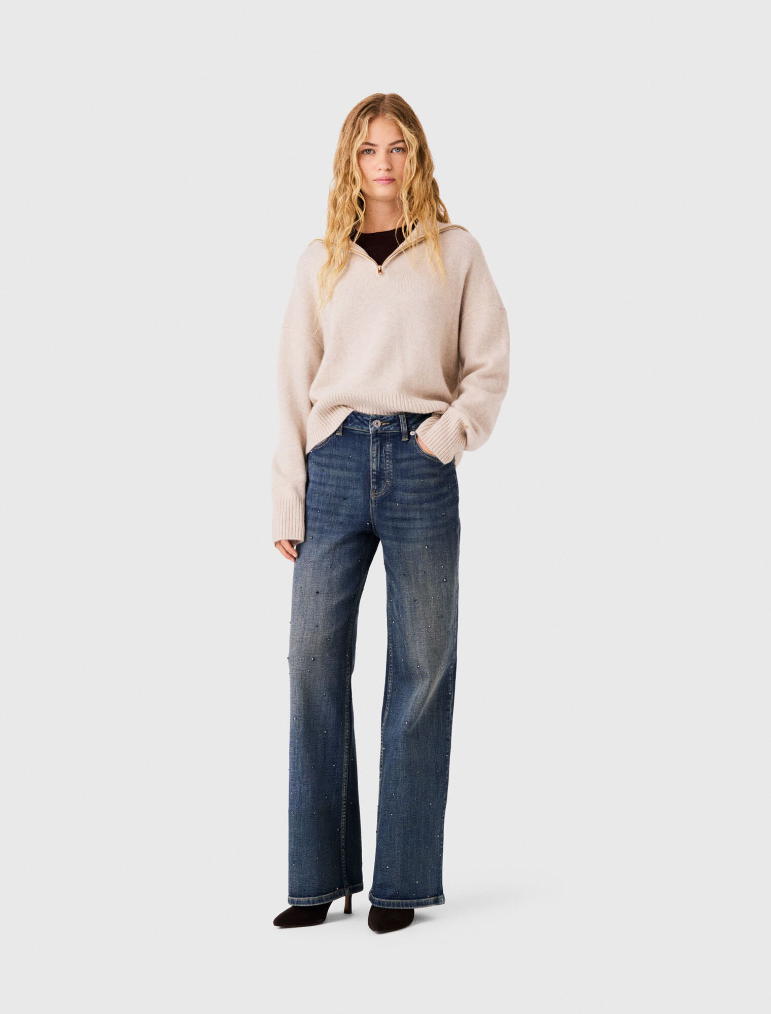 Wide-leg rhinestone jeans