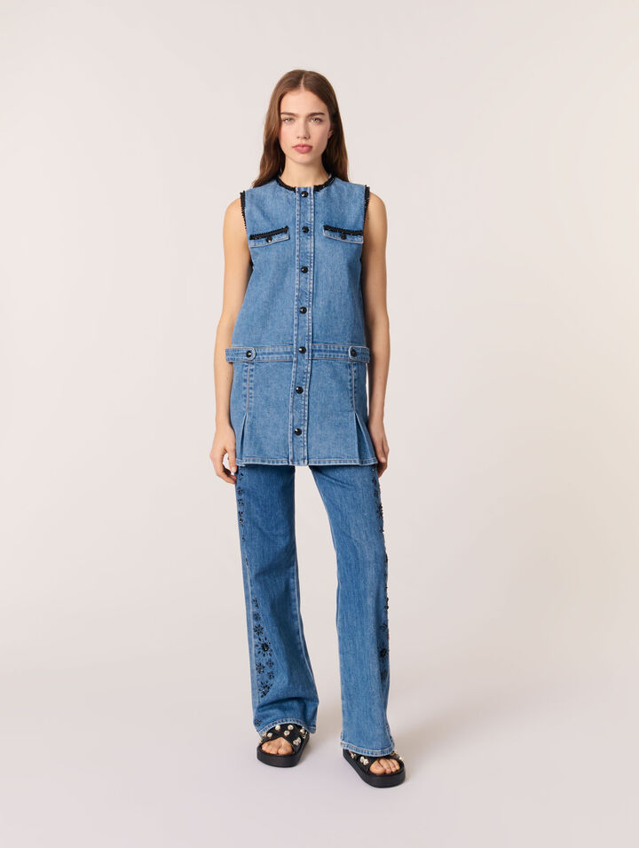 Denim dress with embroidered trim