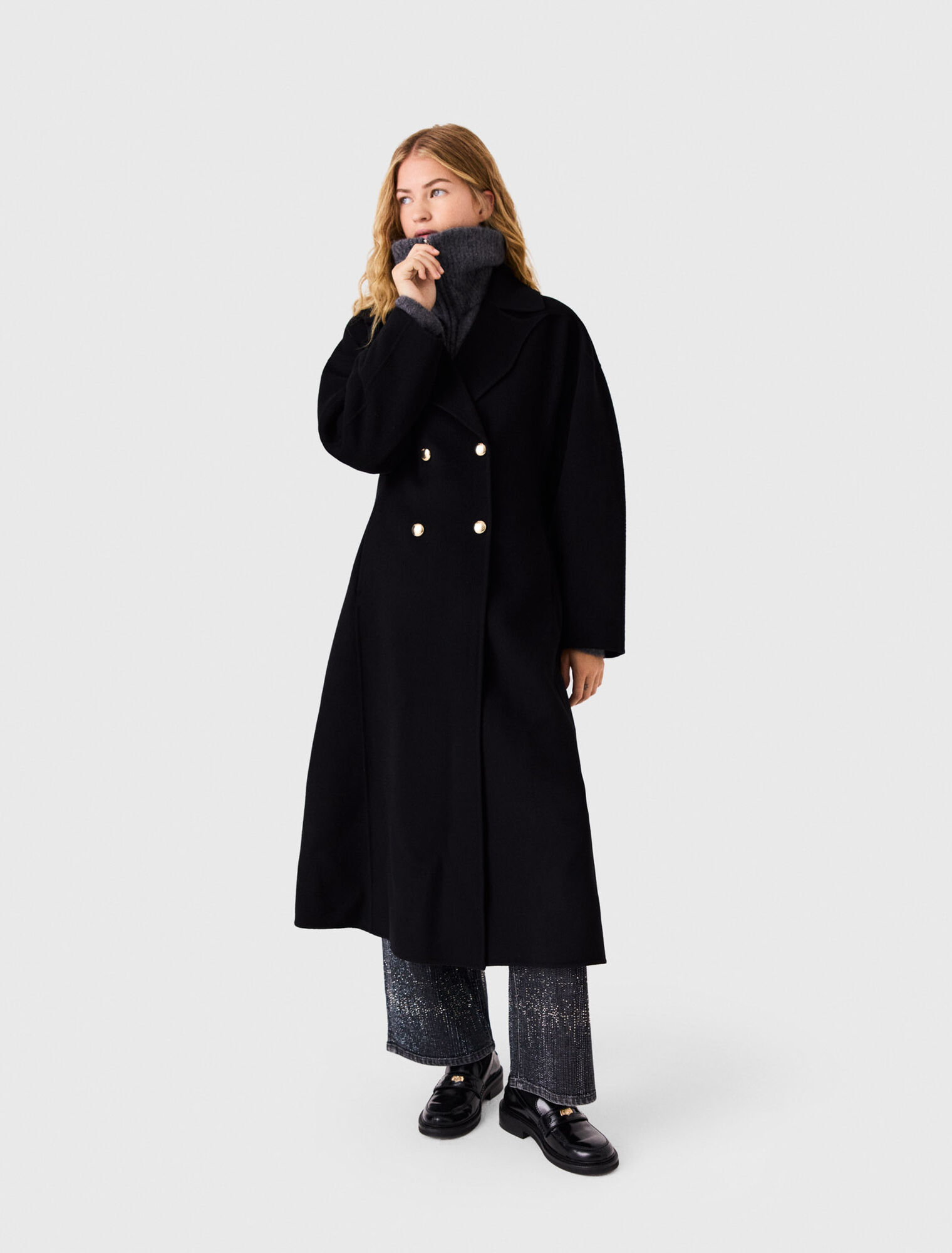 Manteau long crois&eacute; en laine