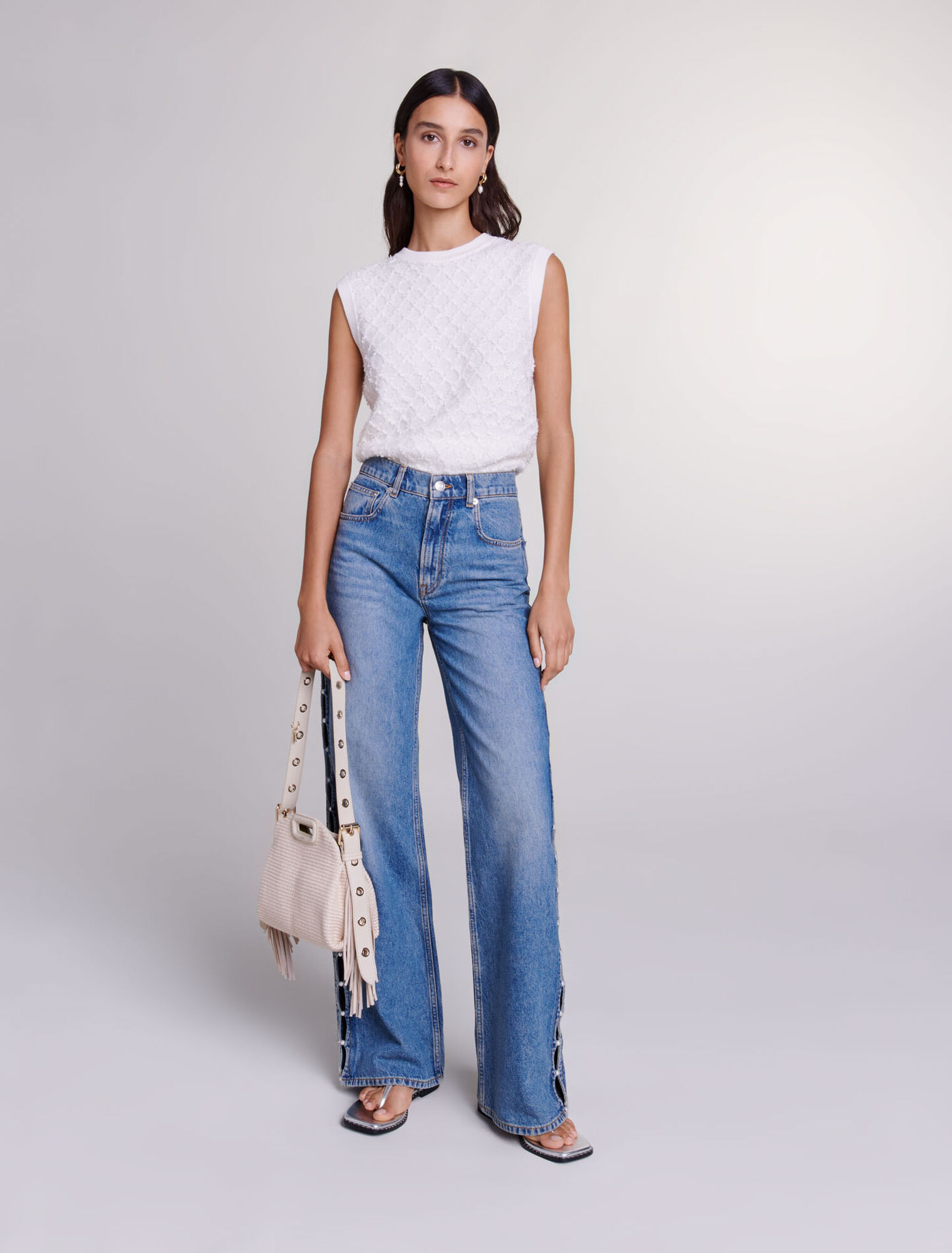 Jeans droit ajouré et perlé