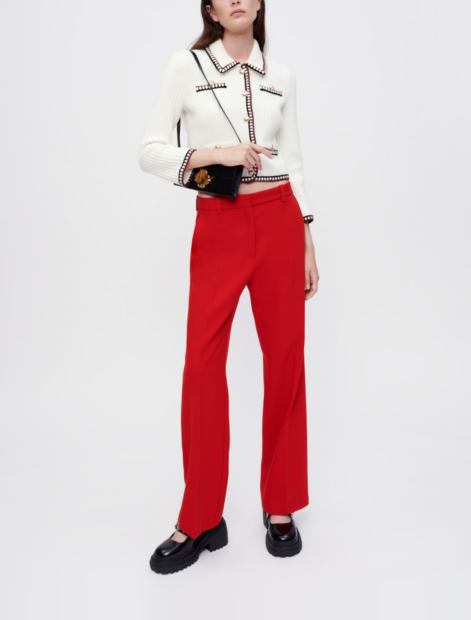 Red wide-leg tailored trousers