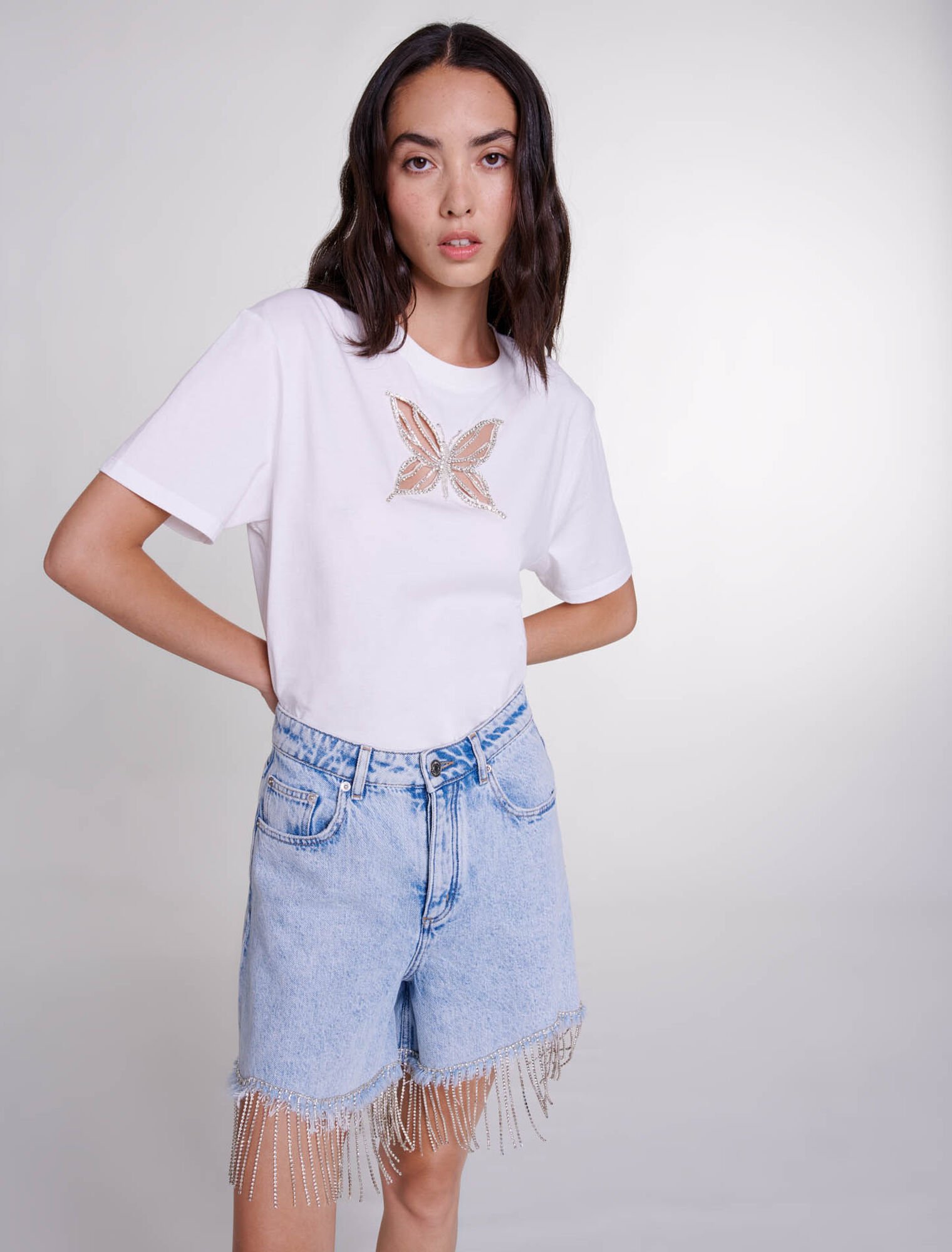 Short en denim à strass