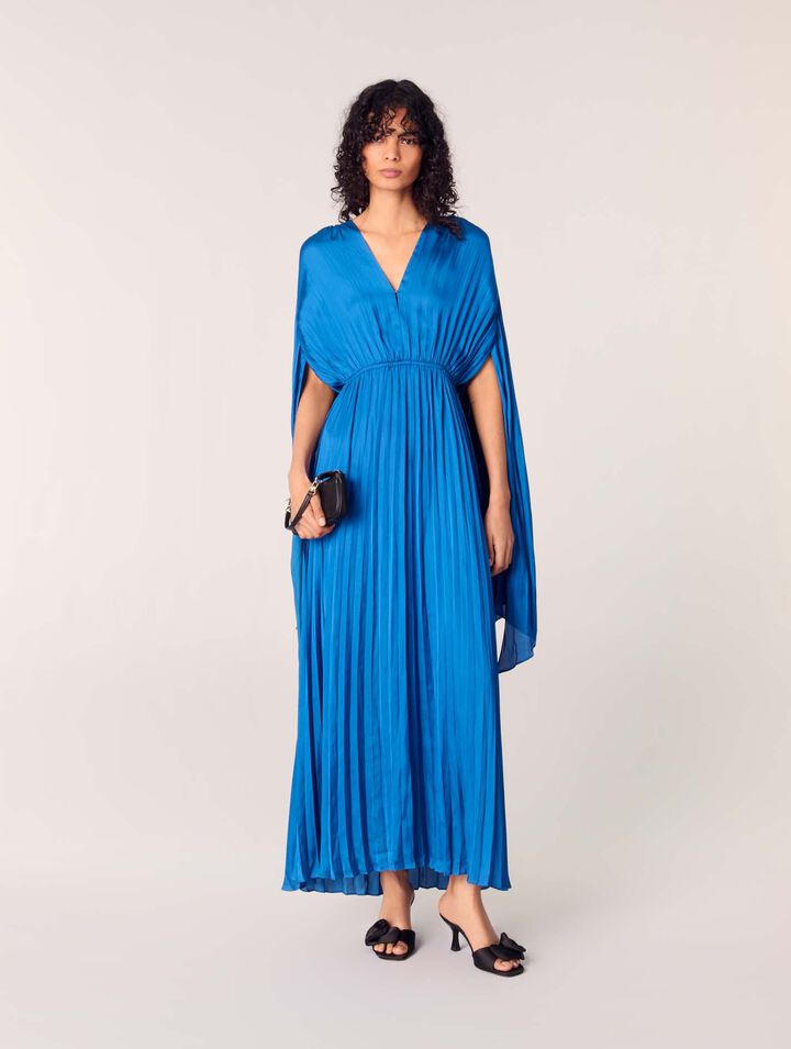 Pleated satin cape maxi dress