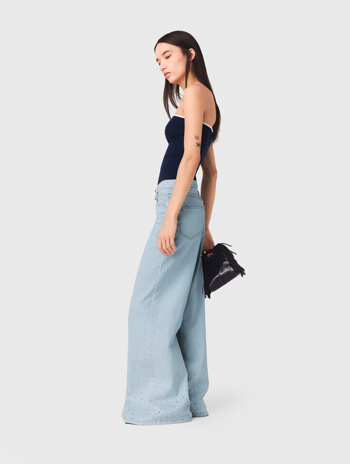 Wide-leg rhinestone jeans