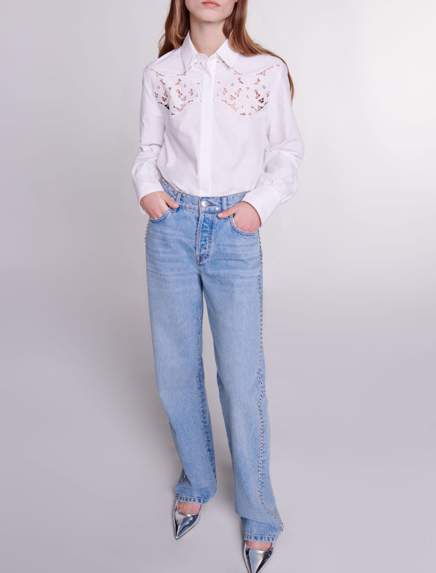 Wide-leg studded jeans