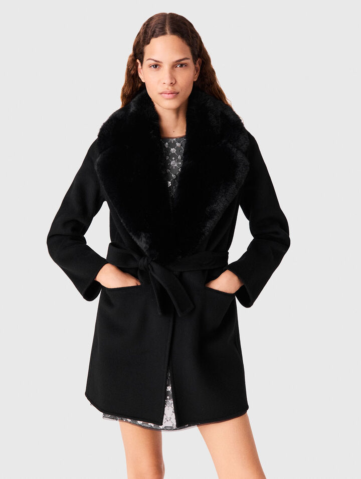 Long coat with faux fur collar