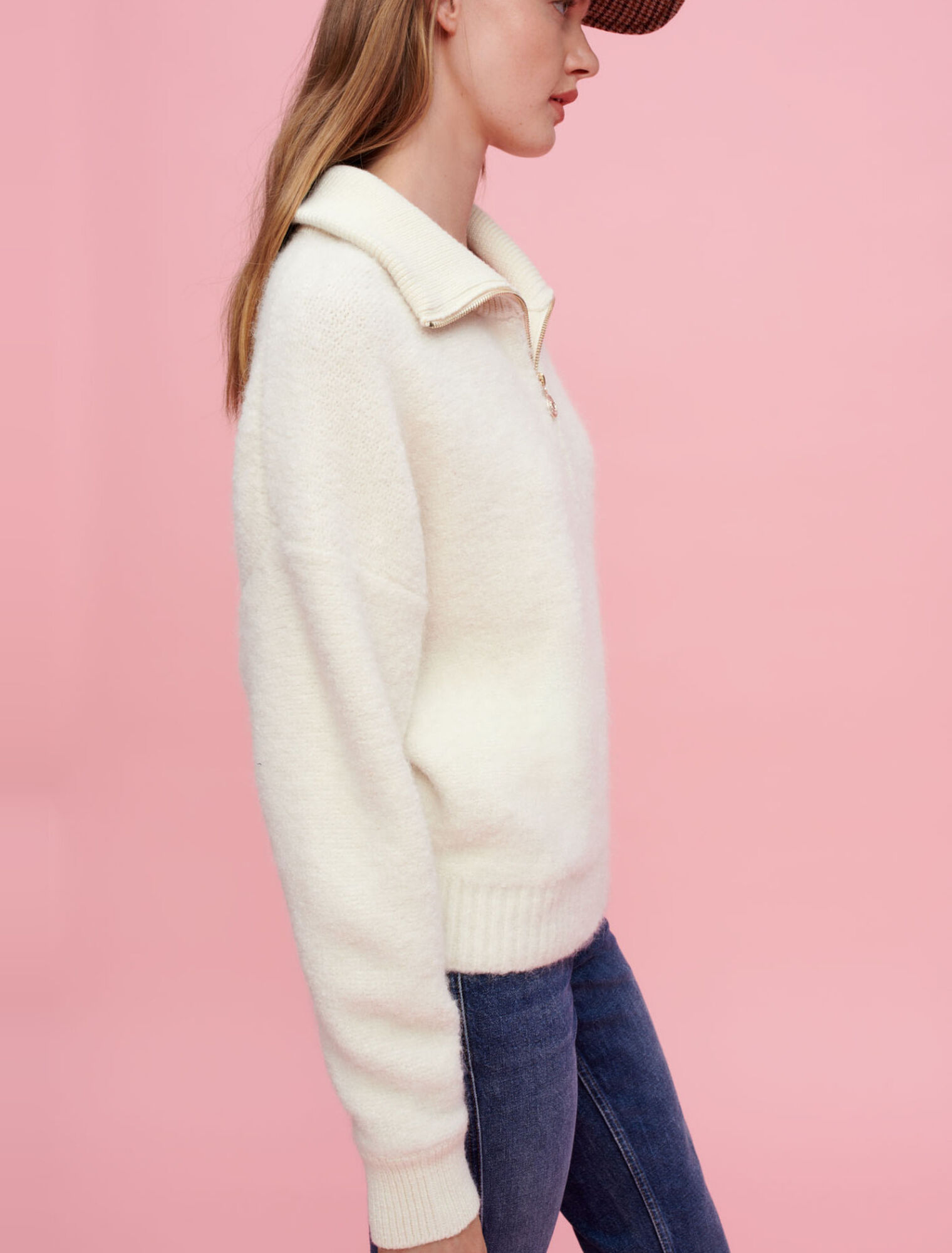 Ecru bouclé mock-neck jumper