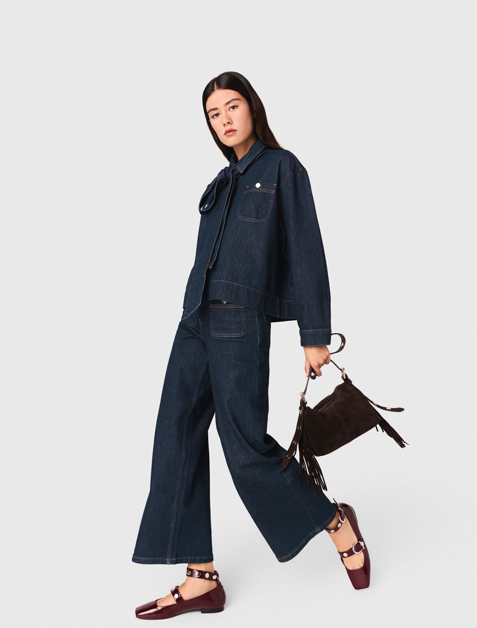 Denim shirt with pussy bow