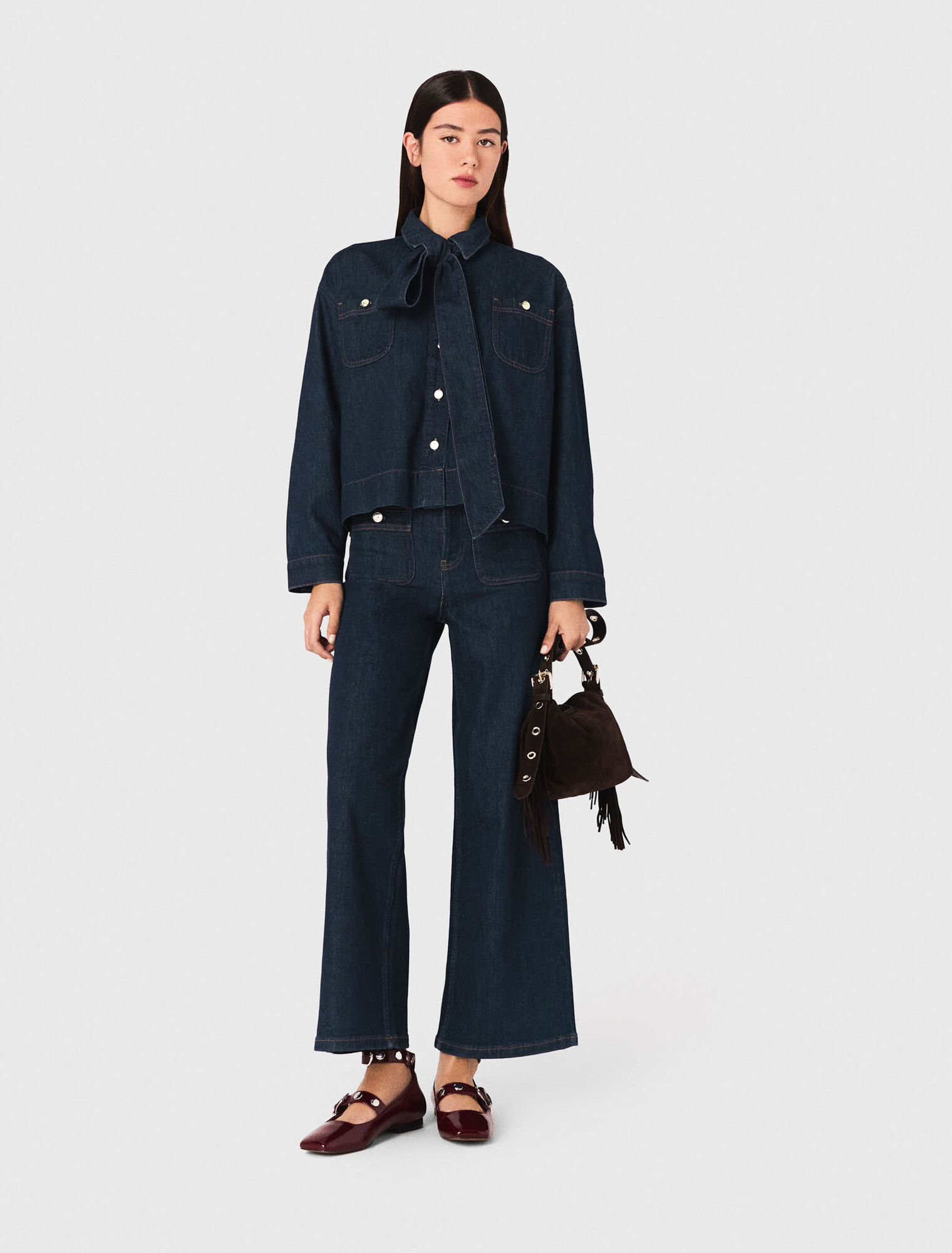 Denim shirt with pussy bow