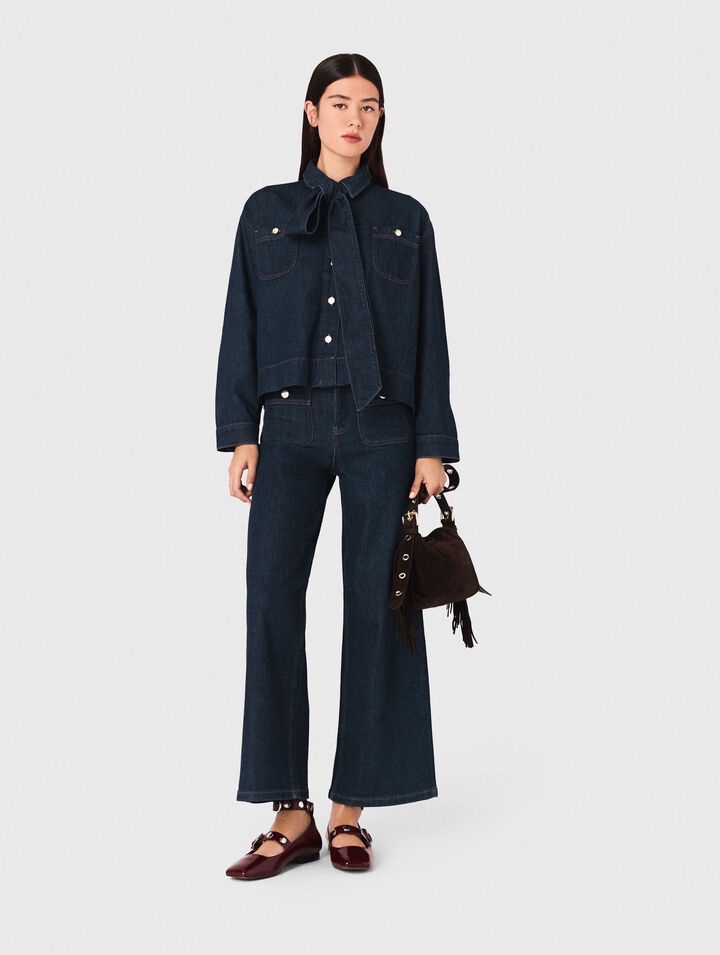 Denim shirt with pussy bow